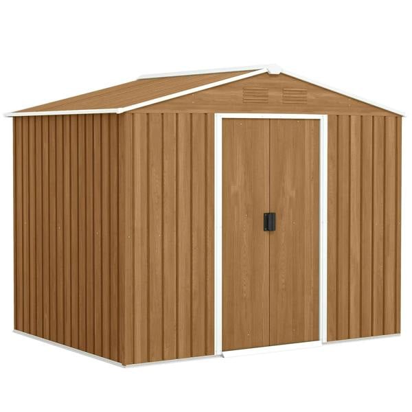Dark brown steel storage shed with double doors and gable roof, galvanized finish