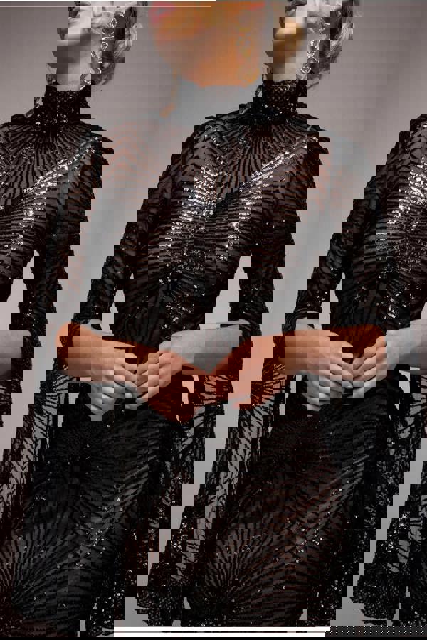 Sequin Starburst Cape Sleeve Midi Dress - Black DR4799