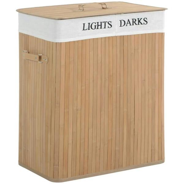 Natural wood laundry hamper with white fabric lid, side latch, and removable liner