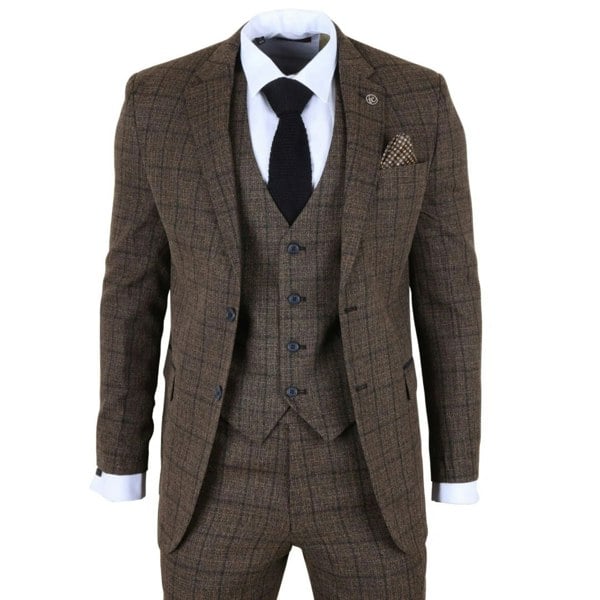 TruClothing IM11 - Men's Dark Brown 3 Piece Plaid Check Suit
