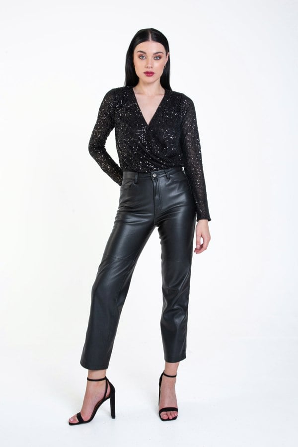 Gini London Black Sequin Wrap Long Sleeves Bodysuit