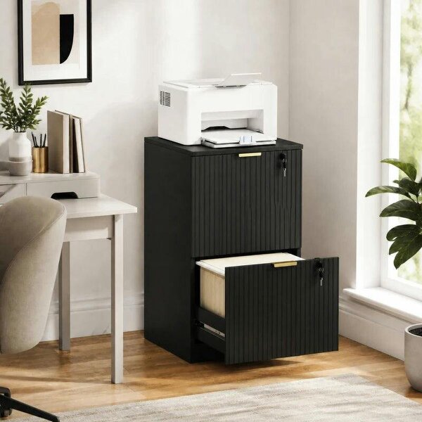 Filing Cabinet, Fluted Vertical File Cabinet with 2 Lockable Drawers and Hanging Rails, Black