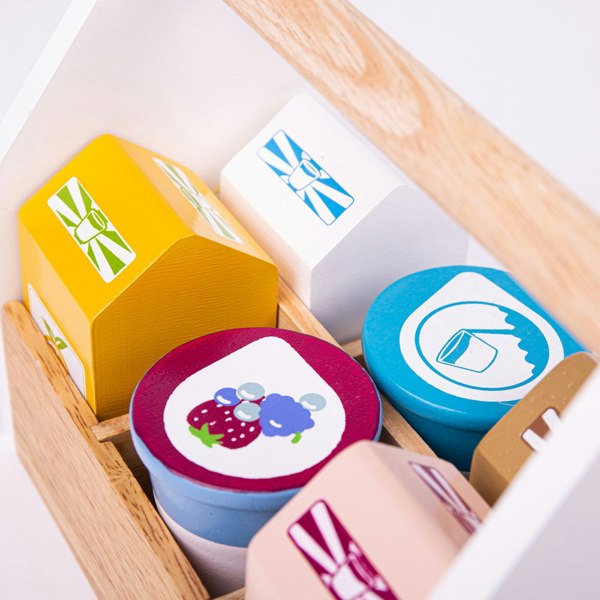 Bigjigs Toys Wooden Dairy Delivery Set - Includes Wooden Crate & 6 Dairy Pieces