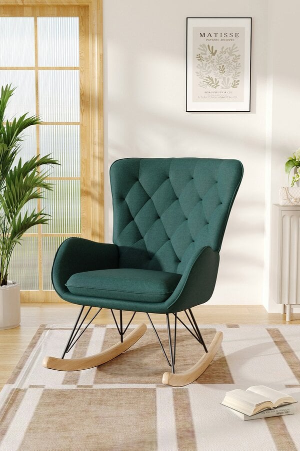 Living and Home Green Modern Diamond Check Tufted Velvet Rocking Chair