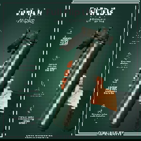 A dark-green stainless steel water bottle is held; its lid flips back 240 degrees. The bottle is shown against a dark-green background; text highlights features. "Full Flip Lid," "240° Opening," and "QUENCH STAINLESS STEEL" are visible.