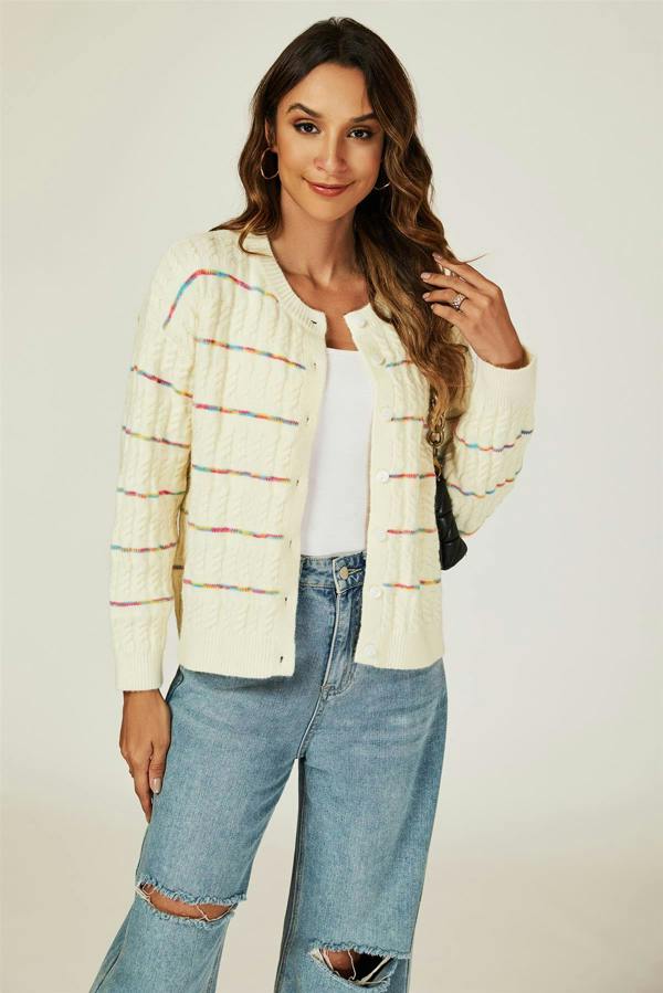 FS Collection Rainbow Stripe Knitted Cardigan In White