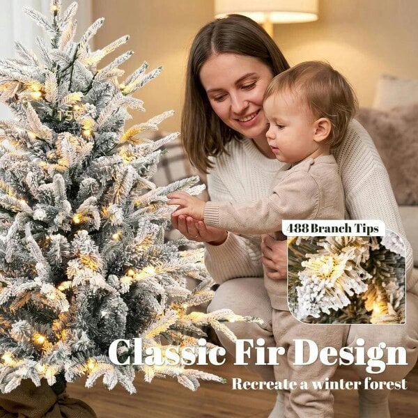 Bobobiy 90 cm Prelit Flocked Table Christmas Tree, Artificial Christmas Tree with 70 Warm White LED Lights, 488 Tips, Green