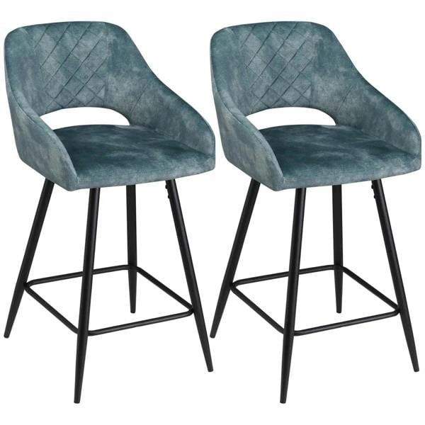 Pair of blue velvet-touch counter height bar stools with quilted backs and steel legs