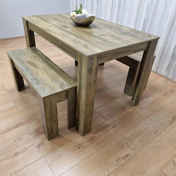 Kosy Koala Modern Rustic Effect Wood Dining Table With 2 Rustic Benches Dining Room Furniture