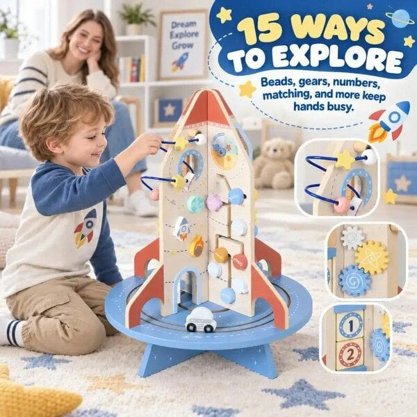 Bobobiy Wooden Activity Cube, Rocket Theme Educational Toys with Shape Sorter & Bead Maze for Toddlers 24M-6Y Fine Motor Skill
