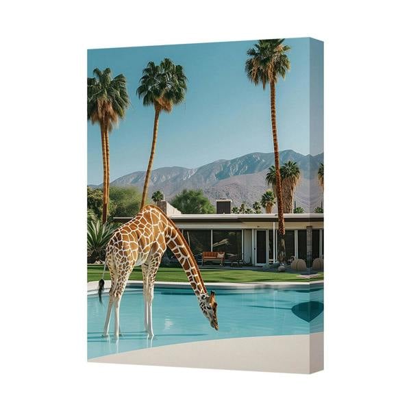 Benjamin Tate Design Giraffe By Poolside Palm Trees Canvas Wall Art Decor