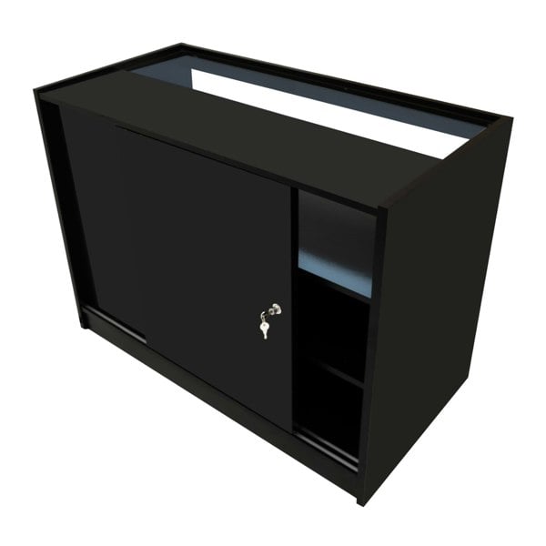Sleek black LED retail shop counter B1200 featuring a sliding door, lockable storage, and open shelving for display items