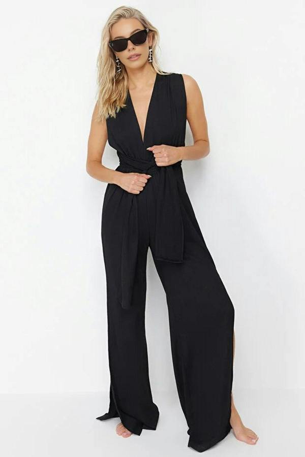 WOVCOR Woven Slit Maxi Beach Jumpsuit
