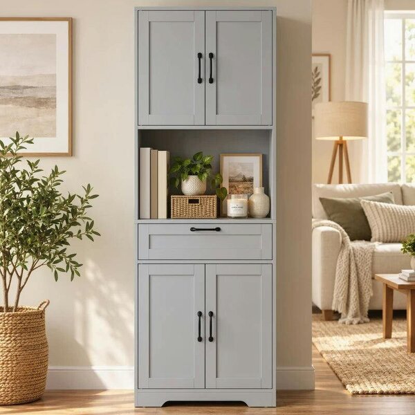 170 cm Tall Kitchen Pantry with Adjustable Shelves, Freestanding Storage Cabinet with Open Shelf, Grey