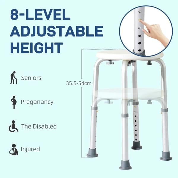 White height-adjustable shower stool with round seat and adjustable legs
