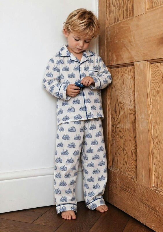 Soul Of Sita Kids Woodblock Print Tractor Pyjamas - 2-4 Years - blue/white