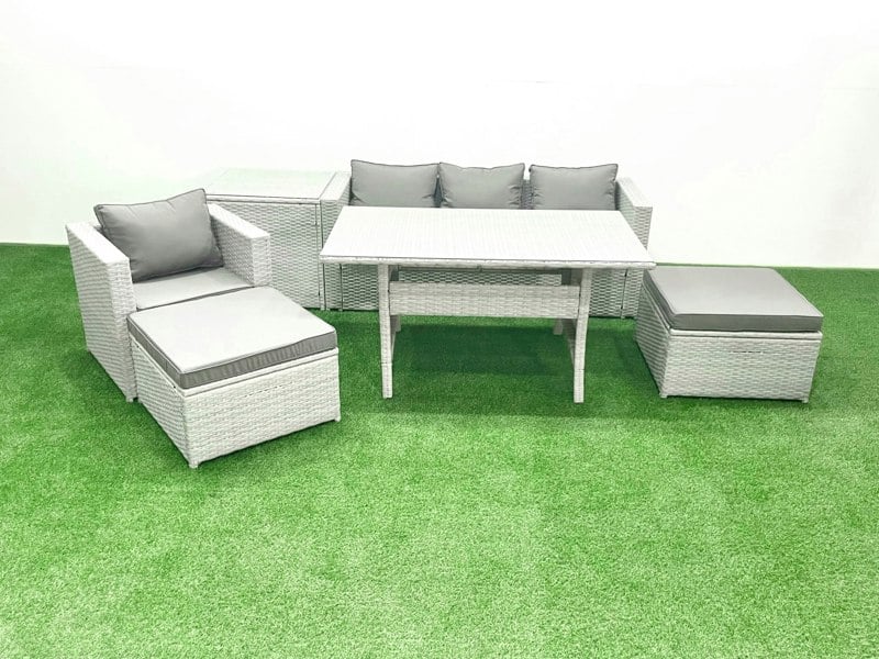Fimous Rattan Garden Furniture Set Outdoor 6 Seater Patio Dining Sets with Glass Top Dining Table and Side Table Light Grey Mixed