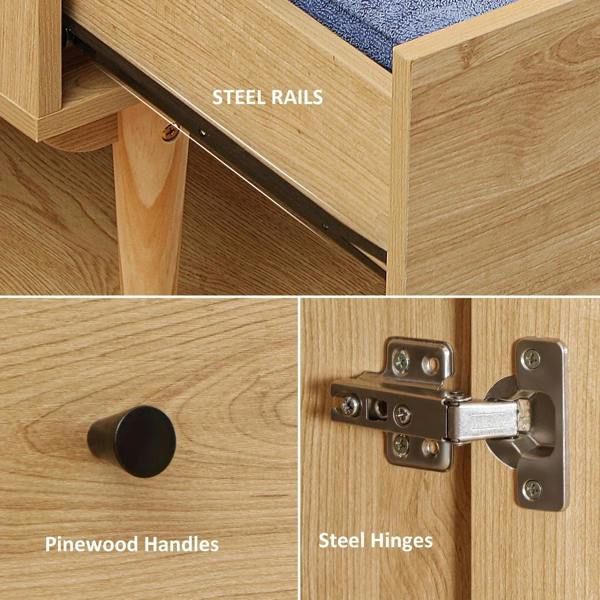 Wood wardrobe hardware close-up with pinewood-style knobs and steel hinges