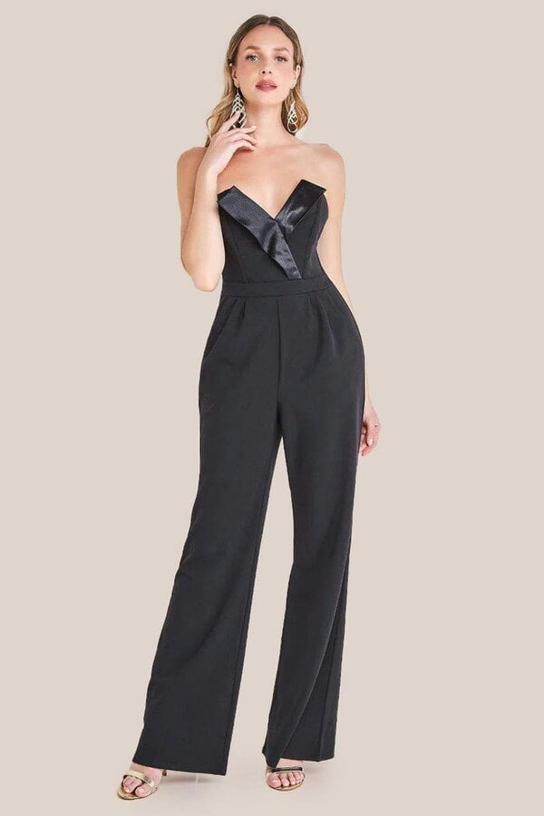 Goddiva Satin Collar Scuba Jumpsuit - Black by Goddiva