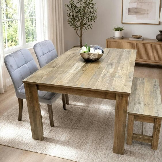 Kosy Koala Modern Rustic Dining Set with 2 Grey Velvet Chairs and 1 Bench Dining Room Furniture