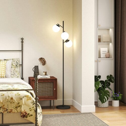 Wyld Haus Dorizi Metal Black 3 Light Tree Floor Lamp With Globe Shades And Steel Base