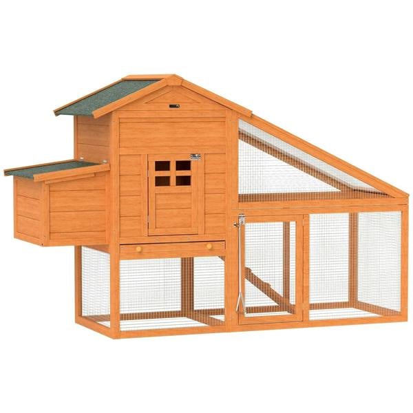 Wooden chicken coop with attached run, mesh walls, slanted asphalt roof, ramp