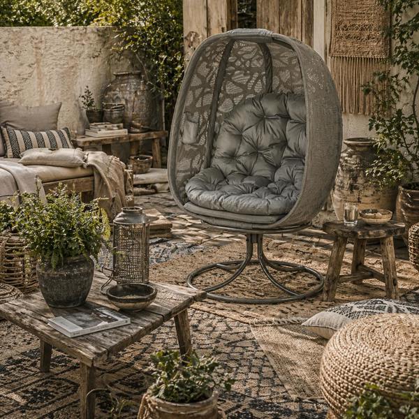 Wyld Haus Nise Rattan And Metal Grey Swivel Egg Chair With Cushions