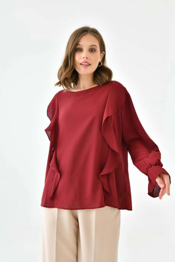Hoxton Gal Oversized Frilled Front Blouse with Detailed Cuffs in Burgundy