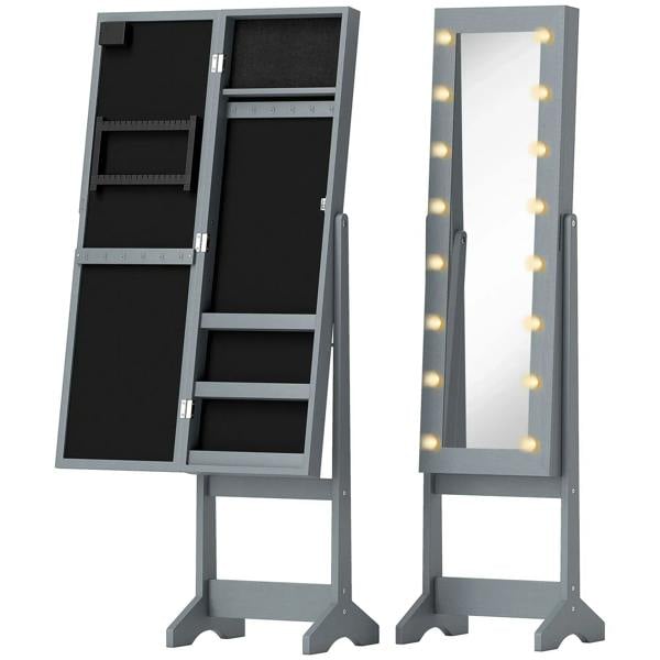 Grey freestanding mirrored jewellery cabinet with lit bulbs and open storage shelves.
