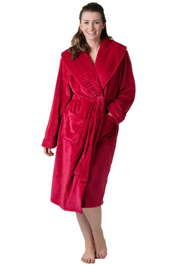 Camille Women's Supersoft Fleece Ribbed Collar Robe