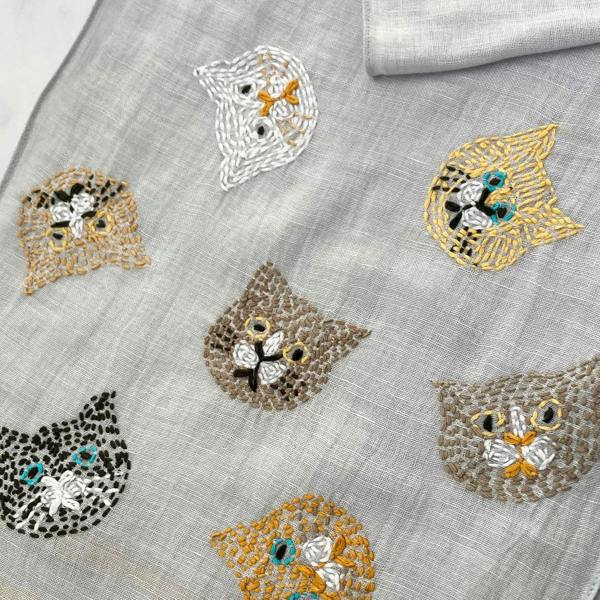 Hayley & Co Hand Embroidered 100% Linen Scarf with Cat face design