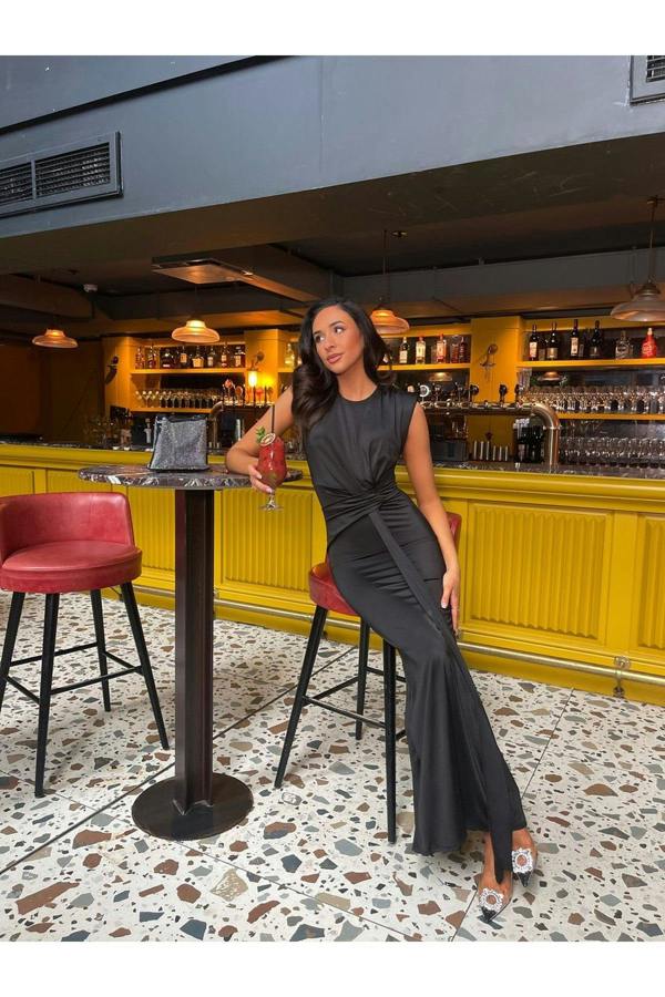 Nadia Sleeveless Gathered Maxi Dress With Drape - Black