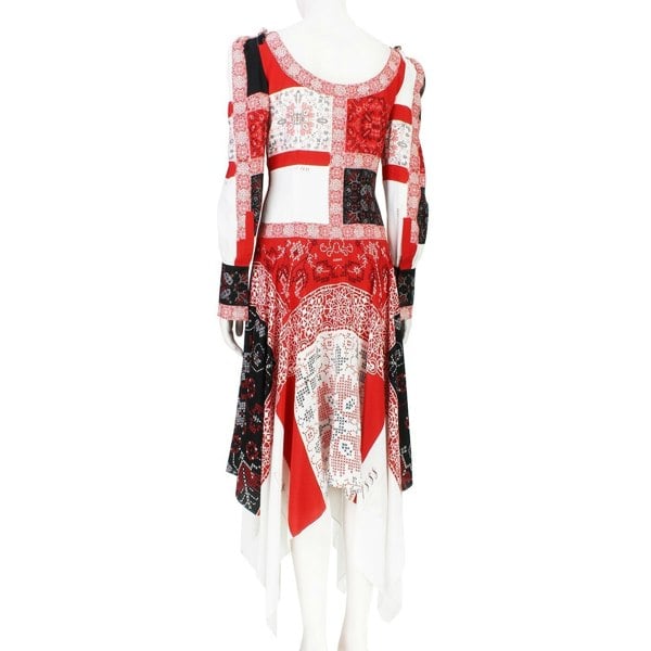 Alexander McQueen patchwork patterned dress in red, black and white with scoop  neckline and trapeze hemline