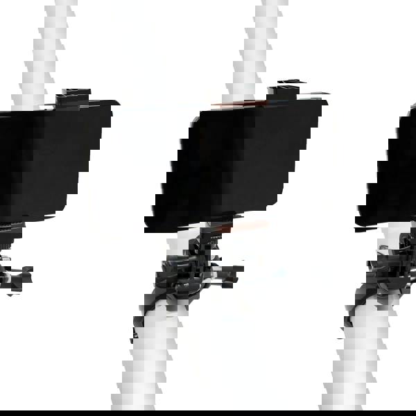 Smartphone holder attached to a white vacuum pole, featuring a sturdy clamp and adjustable design for easy use during cleaning tasks