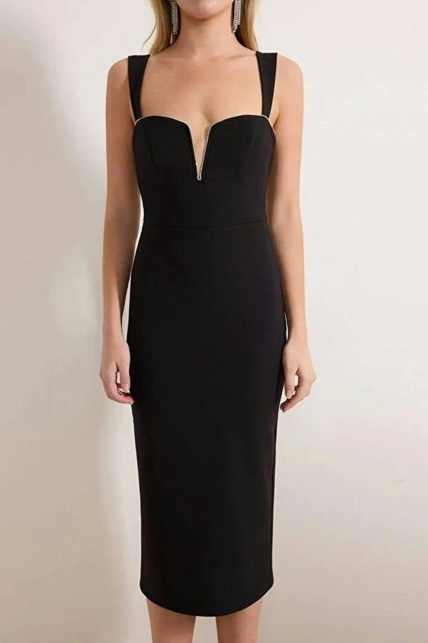 Stone Embellished Sweetheart Neckline Bodycon Midi Dress