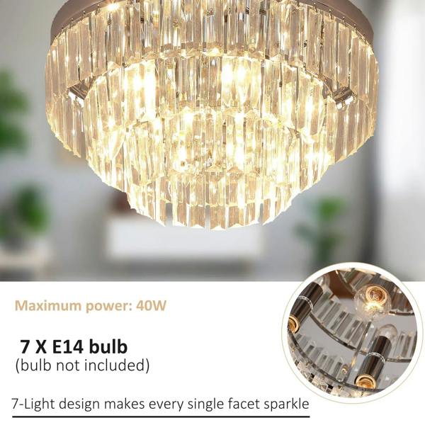 Silver crystallite ceiling chandelier with visible bulb sockets and faceted crystal shade