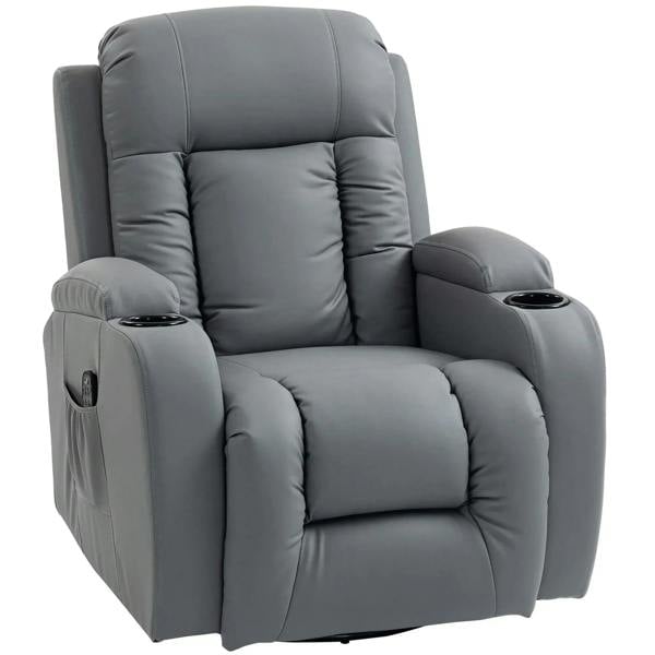 Grey PU leather massage recliner armchair with padded headrest, armrests, and side controls