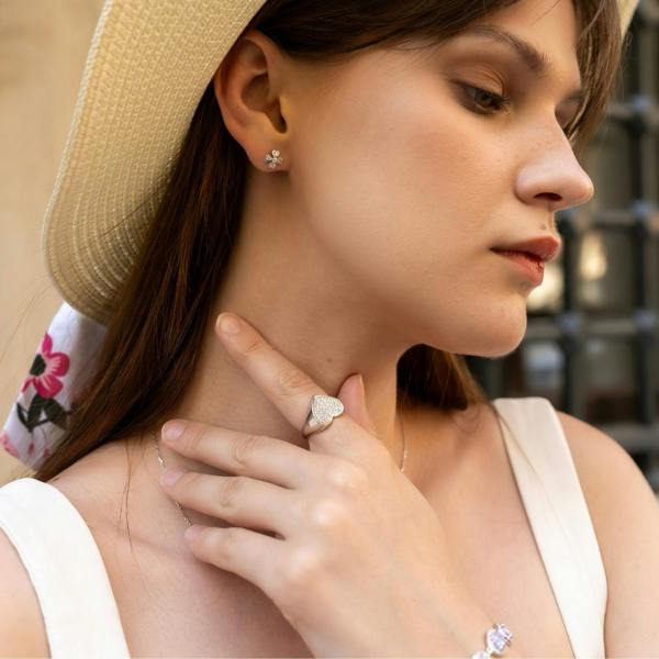 Spero London Sterling Silver Pave Heart Signet Ring