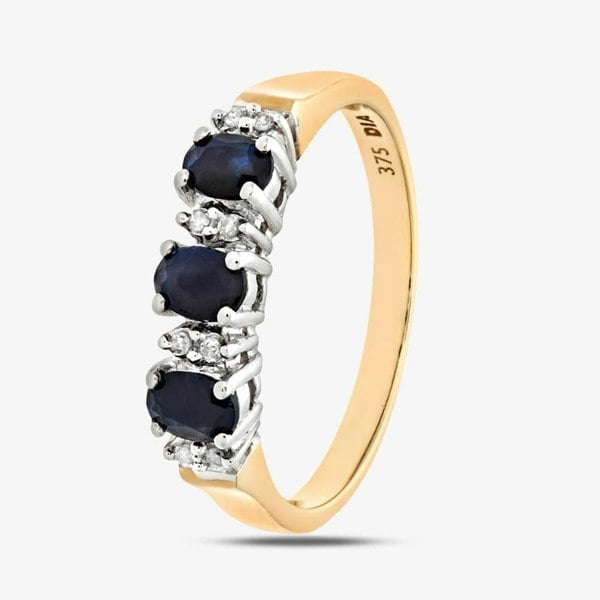 T. H. Baker 9ct Yellow Gold Three Oval Sapphire Stone 0.04ct Diamond Half Ring PR06491Y SA