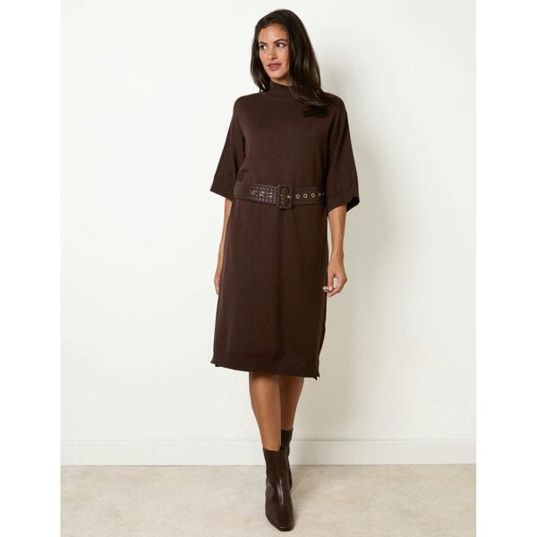 Blue Vanilla Midi Dress With Woven PU Leather Belt