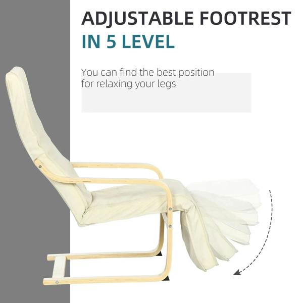 Cream upholstered lounge chair showing adjustable footrest on curved light wood base
