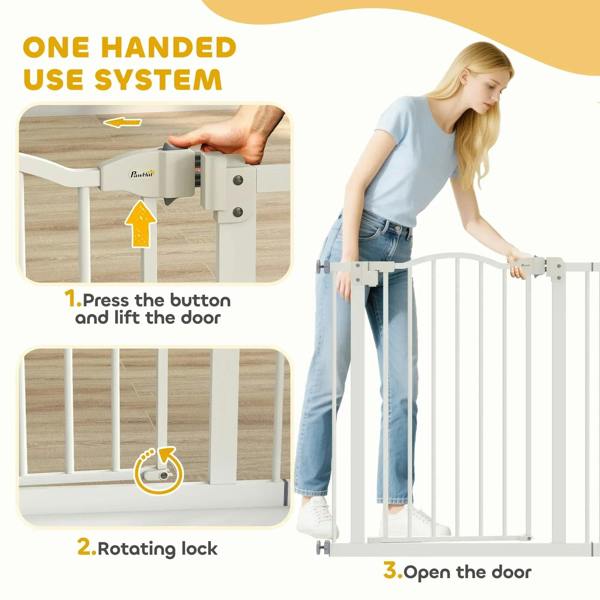 White pet gate control panel with one-handed latch and rotating lock