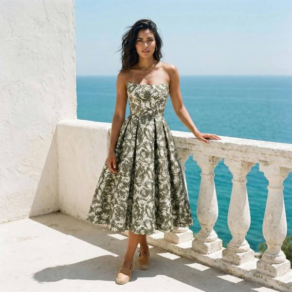 A woman in the Sarvin Tala Corset Midi Dress stands on a white balcony overlooking the ocean. With long dark hair and a neutral expression, she rests one hand on the railing as sunlight highlights her elegant hourglass silhouette.