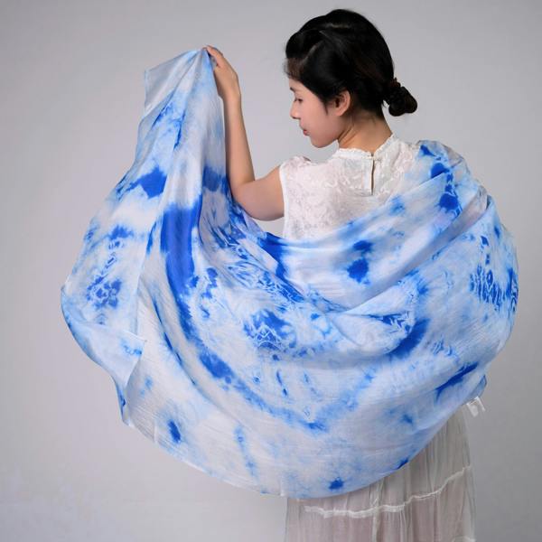 Sky Blue Shibori Silk Scarf – Hand-Dyed Mulberry Silk, Headscarf & Spring Wrap