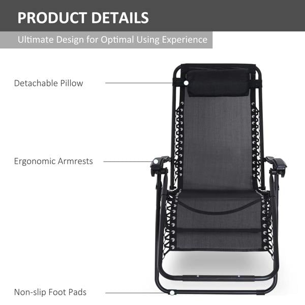 Black folding recliner chair with detachable head pillow, armrests and non-slip foot pads