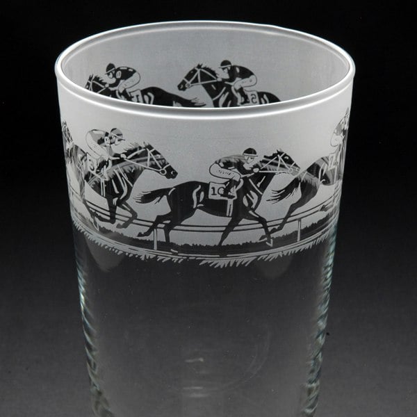 Glyptic Glass Art Horse Racing Pint Glass - Hand Etched/Engraved Gift