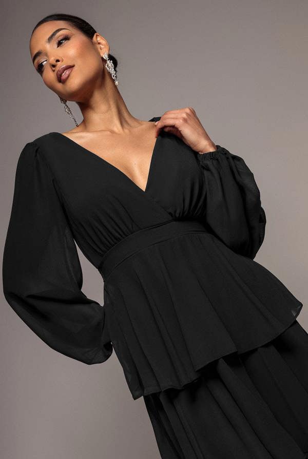 Tiered Chiffon Wrap Midi Dress - Black DR4907BBS