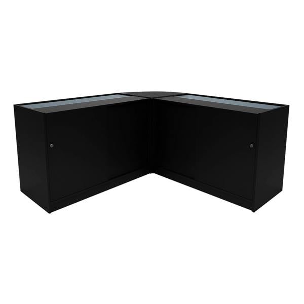 Black Selene LED shop counter set featuring two glass display cabinets with sleek lines and modern design, ideal for retail spaces