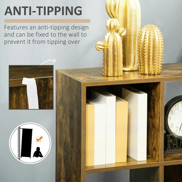 Brown bookcase with anti-tip design detail on open shelf compartments