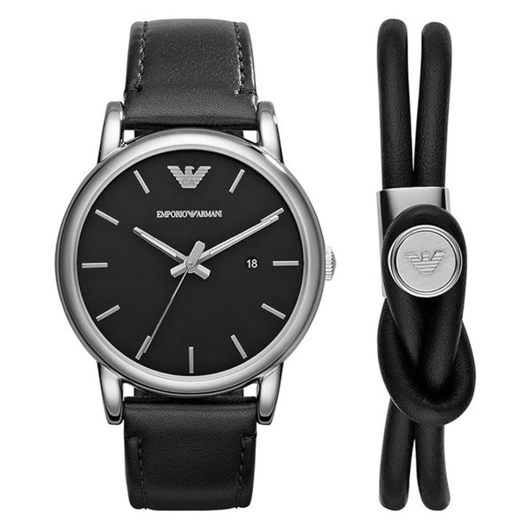 Emporio Armani Black Leather Strap Watch Set